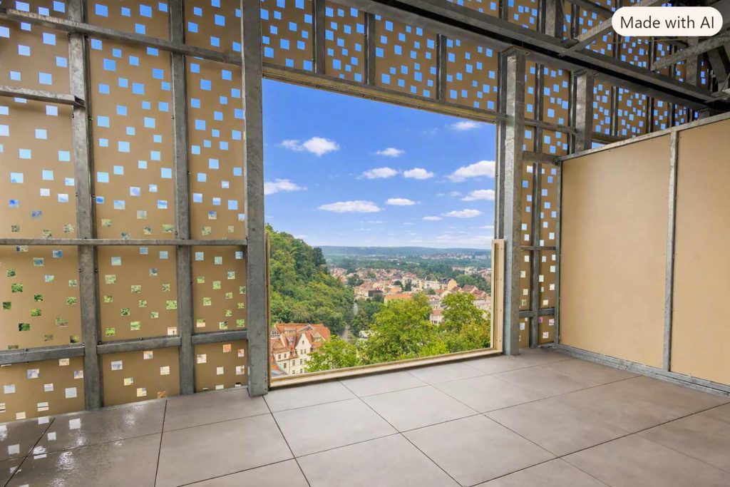 Dachgeschoss Balkon Stahlrahmen Waldblick Panorama Moderner Dachterrassen-Raum mit großer Glasfront, Betonboden und Stahlkonstruktion, Blick auf grüne Hügel und Dorf mit Ziegeldächern