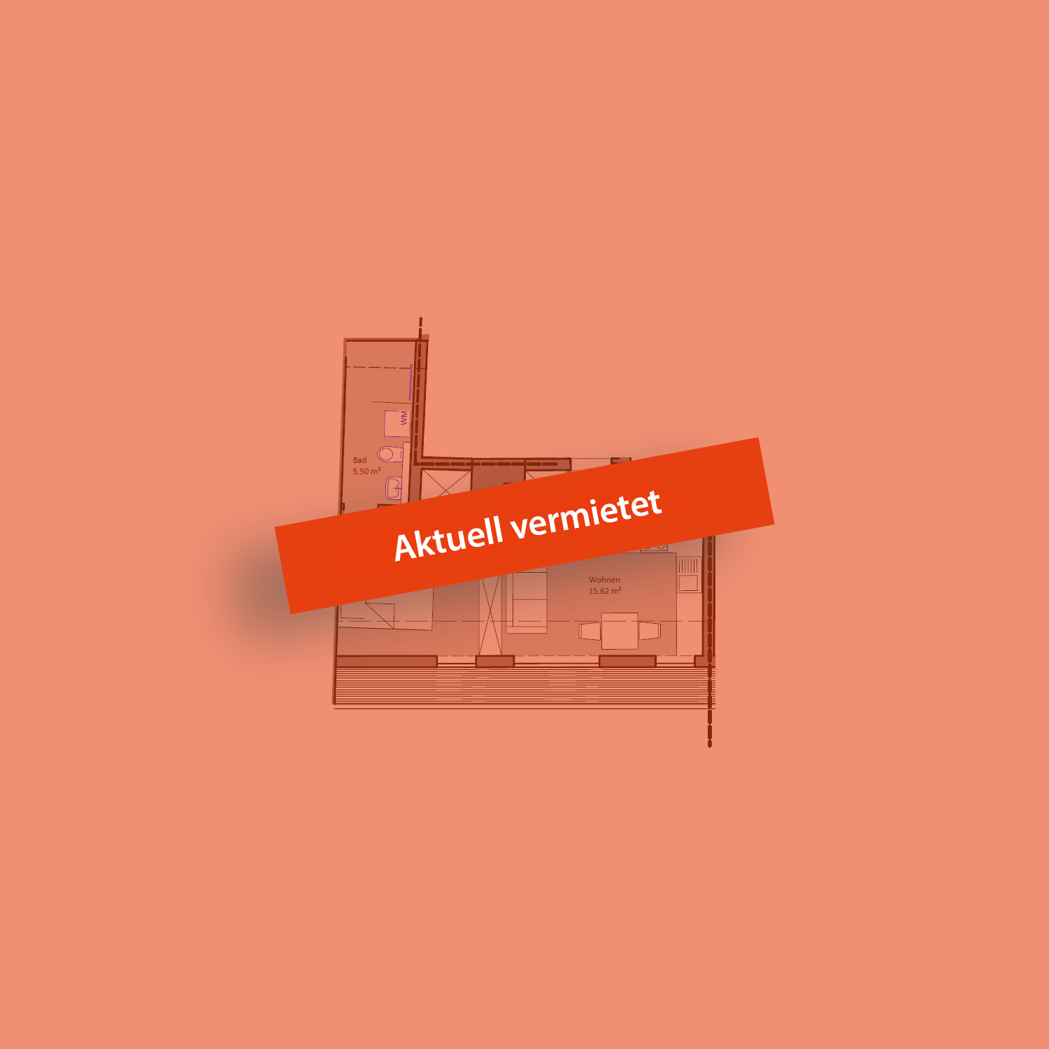 Grundriss Wohnung 20, Seitenhaus 1. Obergeschoss, mit Vermerk "Aktuell vermietet